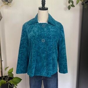 Requirements Women Teal Blue Paisley Corduroy Cropped Swing Jacket Large